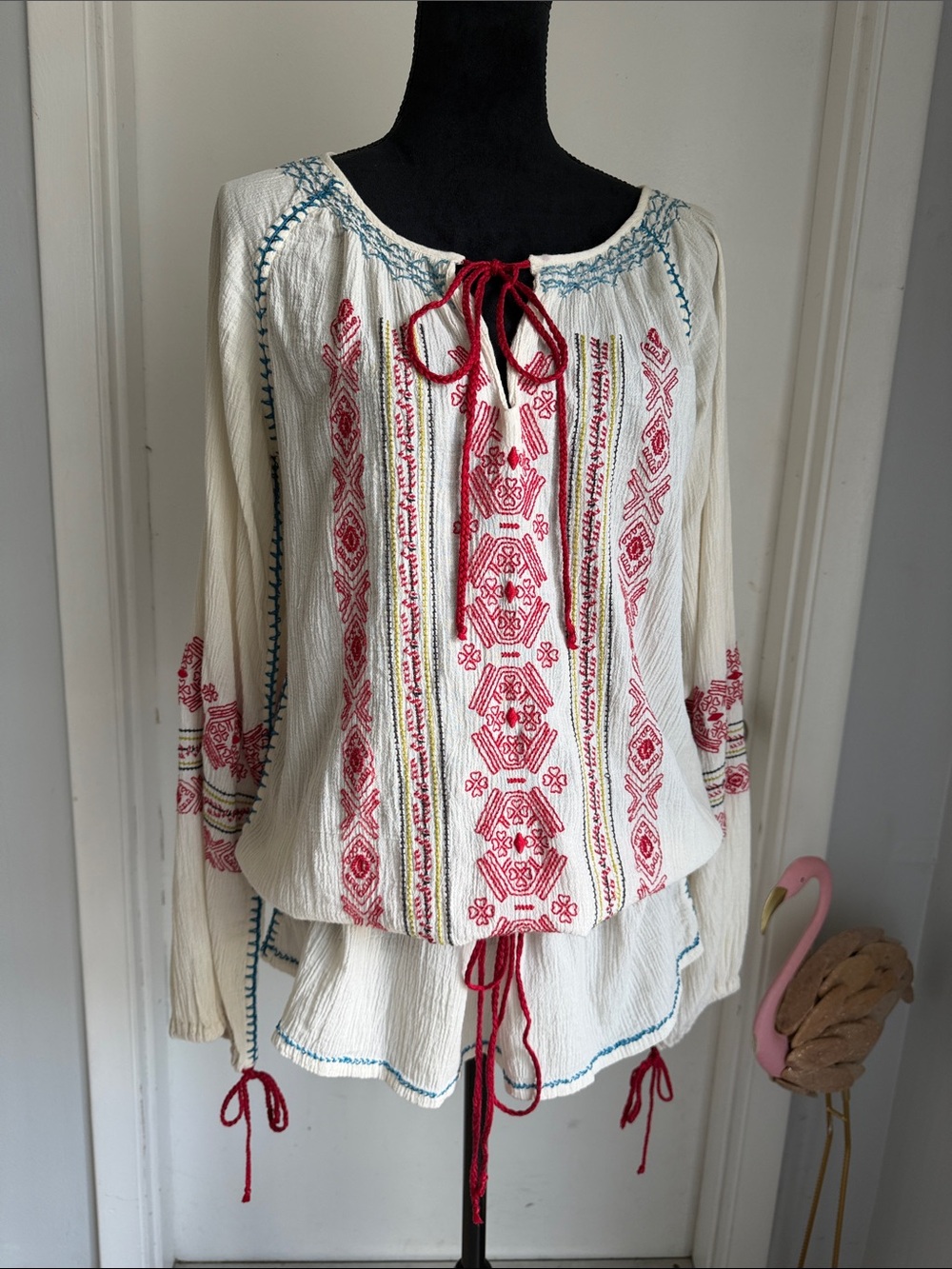 Free People Ivory Peasant Tunic with Red Embroidery and Blue Accents